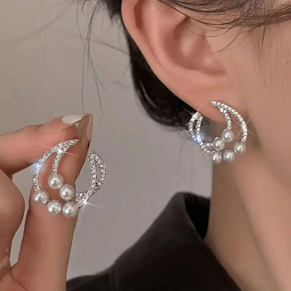 Pearl Diamond Crescent Moon Stud Earrings